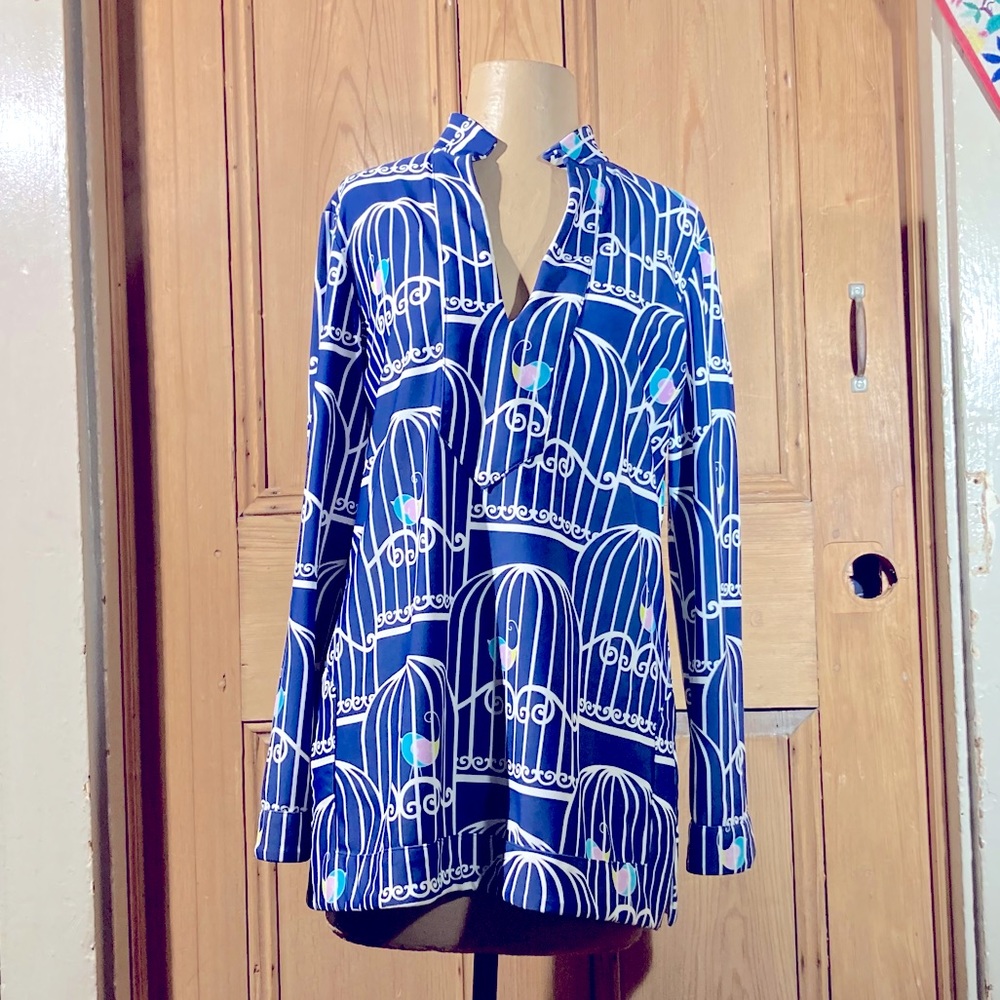 Med Tunic Judith Connally classic Chris Tunic Navy Blue bird cage print fabric